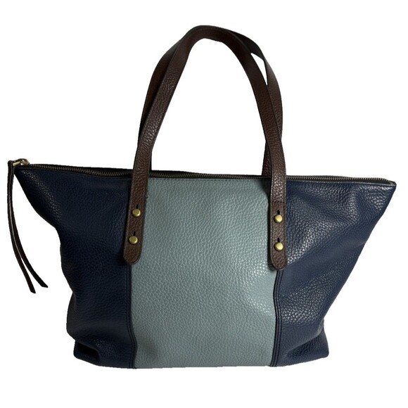 Fossil Jenna Color Block Pebbled Leather Shoulder Bag Tote Navy Blue Brown - Picture 5 of 10